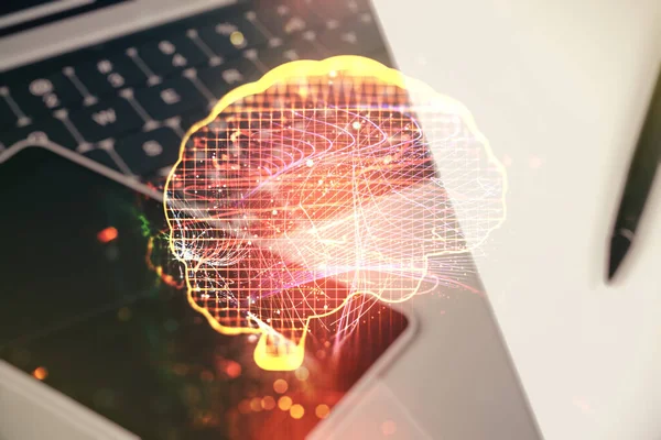 Double exposure of creative human brain microcircuit with computer on background. Future technology and AI concept — Stock Photo, Image