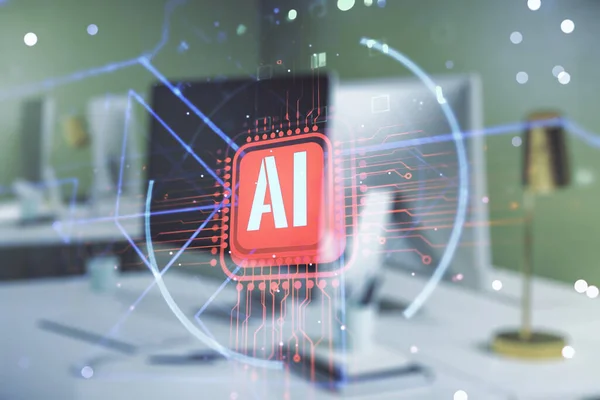 Double exposure of creative artificial Intelligence abbreviation with computer on background. Future technology and AI concept — Stock Photo, Image