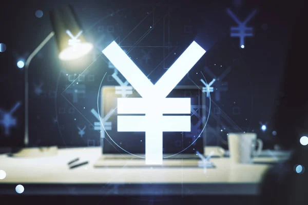 Creative Japanese Yen symbol sketch on modern laptop background, strategy and forecast concept. Multiexposure