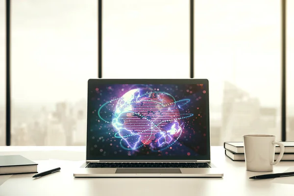 Abstract digital world map with connections on modern computer monitor, big data and blockchain concept. 3D Rendering — Stock Photo, Image