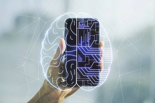 Kreatywna koncepcja sztucznej inteligencji ze szkicem ludzkiego mózgu i ręką z telefonem komórkowym na tle. Podwójna ekspozycja — Zdjęcie stockowe