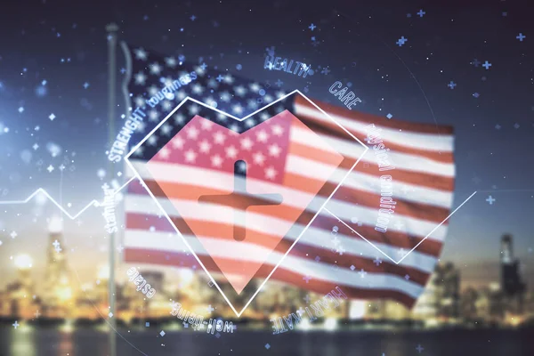 Abstract virtual heart pulse hologram on US flag and skyline background, online medical consulting concept. Multiexposure — Stock Photo, Image