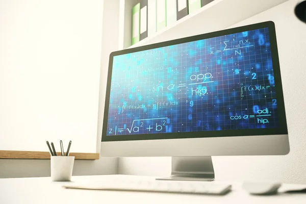 Ilustração de fórmula científica criativa em monitor de computador moderno, ciência e conceito de pesquisa. Renderização 3D — Fotografia de Stock