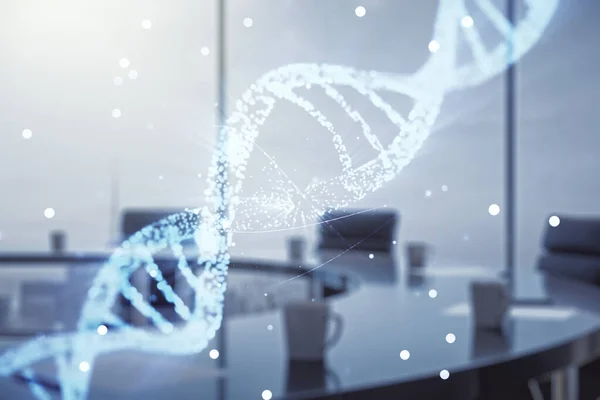 Dupla exposição do holograma de DNA criativo em um moderno fundo da sala de reuniões. Bioengenharia e DNA Conceito de pesquisa — Fotografia de Stock