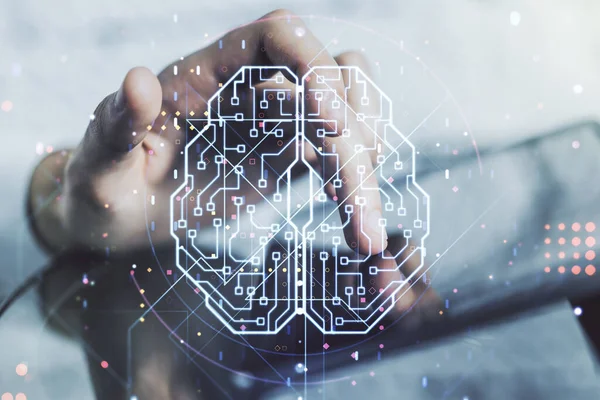 Double exposure of creative artificial Intelligence symbol with finger clicks on a digital tablet on background. Neural networks and machine learning concept — Stock Photo, Image