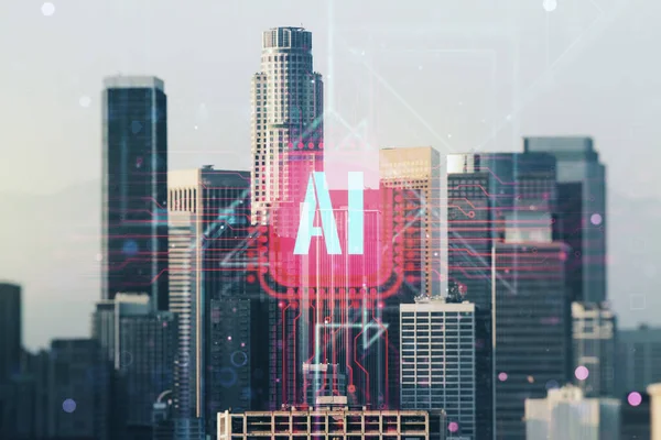 Hologramme de symbole d'intelligence artificielle créative sur fond de paysage urbain de Los Angeles. Double exposition — Photo