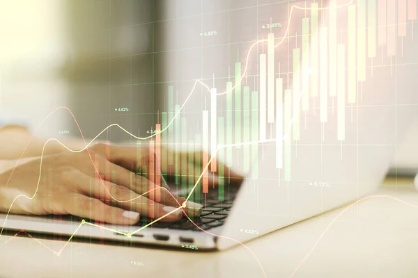 Dubbel exponering av abstrakt kreativt finansiellt diagram med handskrift på datorns tangentbord på bakgrund, forskning och strategi koncept — Stockfoto