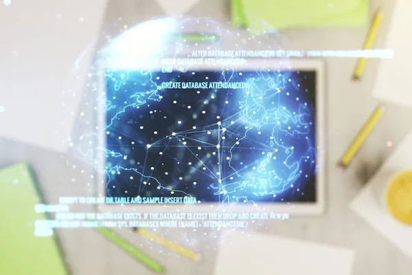 Multiexposure van abstracte creatieve codering schets met wereldkaart en moderne digitale tablet op achtergrond, bovenaanzicht, kunstmatige intelligentie en neurale netwerken concept — Stockfoto