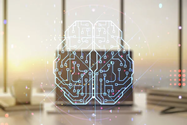 Двойная экспозиция креативного символа искусственного интеллекта на фоне современного ноутбука. Нейронные сети и концепция машинного обучения — стоковое фото