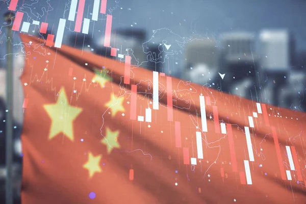 Abstract virtual crisis chart illustration on flag of China and blurry cityscape background. Global crisis and bankruptcy concept. Multiexposure — Stock Photo, Image