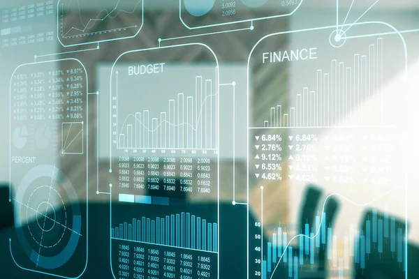 Multi exposure of stats data illustration on a modern conference room background, computing and analytics concept