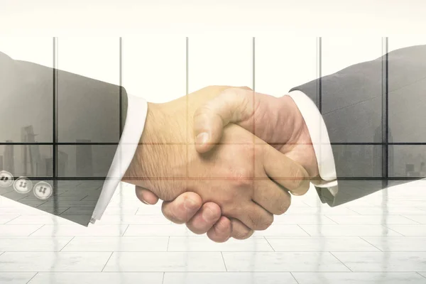 Handshake of two businessmen on corporate office interior background, deal and trading concept. Multiexposure — Stock Photo, Image
