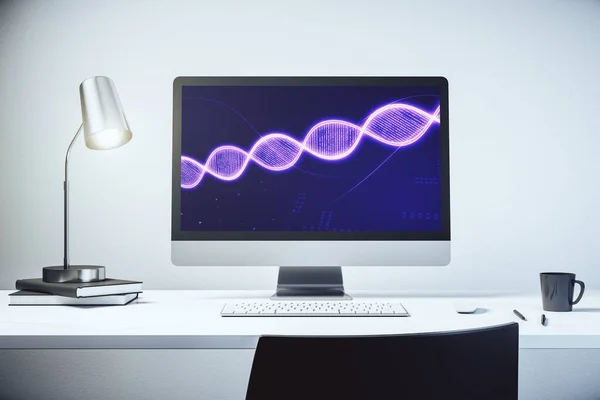 Esboço de DNA criativo no monitor de laptop moderno, biotecnologia e conceito genético. Renderização 3D — Fotografia de Stock