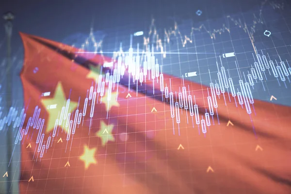 Multi exposure of virtual abstract financial chart hologram and world map on Chinese flag and blue sky background, research and analytics concept — Stock Photo, Image