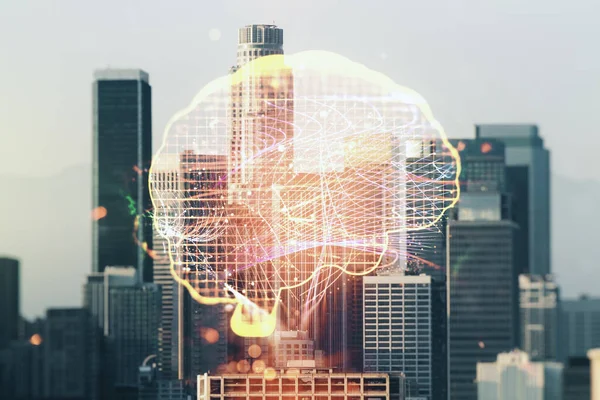 Virtual creative artificial Intelligence hologram with human brain sketch on Los Angeles cityscape background. Double exposure