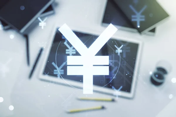 Creative Japanese Yen symbol sketch and modern digital tablet on background, strategy and forecast concept. Multiexposure
