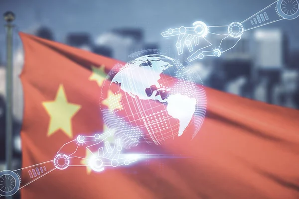 Abstract virtual robotics technology hologram with globe sketch on flag of China and blurry cityscape background. Robot development and automation concept. Multiexposure — Stock Photo, Image