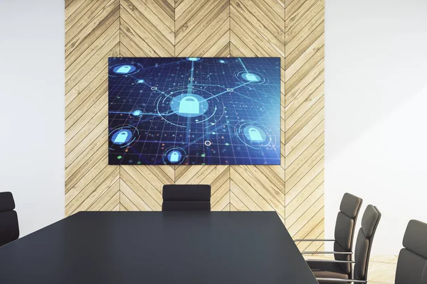 Creative lock hologram and chip on presentation tv screen in a modern meeting room. Information security concept. 3D Rendering — Stock Photo, Image