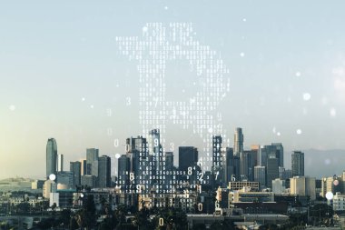 Virtual Bitcoin sketch on Los Angeles cityscape background. Double exposure clipart