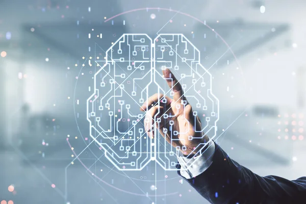 Man hand working with virtual creative artificial Intelligence hologram with human brain sketch on blurred office background. Multiexposure — Stock Photo, Image