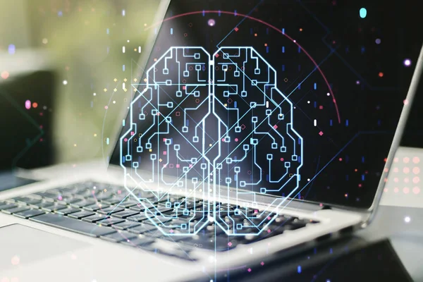 Creative artificial Intelligence concept with human brain sketch on modern computer background. Double exposure — Stock Photo, Image