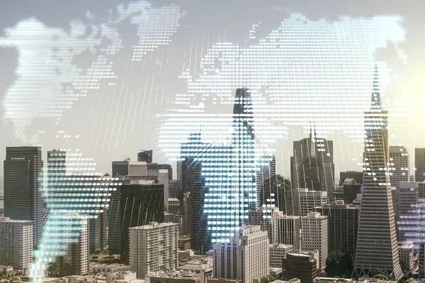 Exposición múltiple del holograma digital creativo abstracto del mapa del mundo en fondo del skyline de la ciudad de San Francisco, turismo y concepto que viaja — Foto de Stock