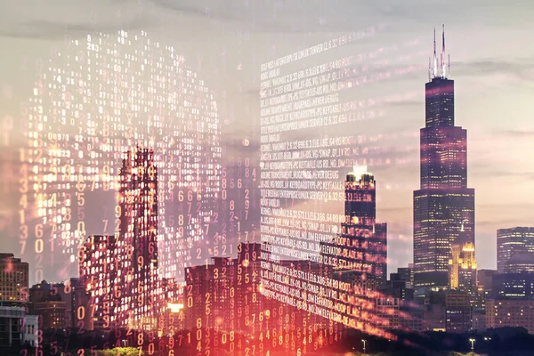 Abstract virtual code skull hologram on Chicago cityscape background, cybercrime and hacking concept. Multiexposure