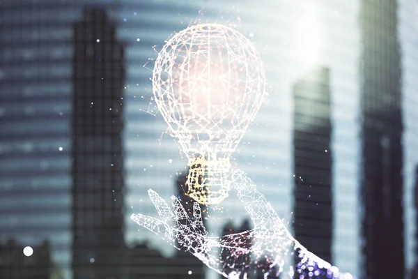 近代建築の背景、将来の技術コンセプトについての抽象的な仮想電球イラスト。多重露光 — ストック写真