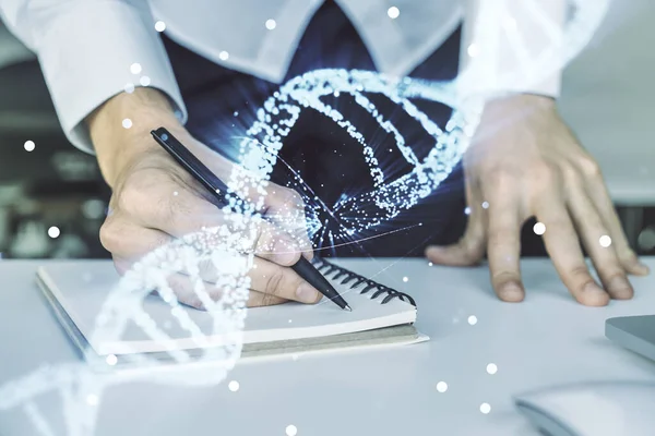 Ilustração de DNA de luz criativa e escrita à mão em diário em segundo plano com laptop, ciência e conceito de biologia. Multiexposição — Fotografia de Stock