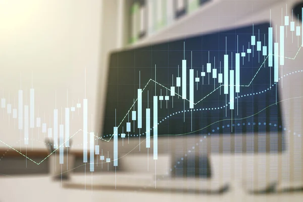 Doble exposición del diagrama financiero creativo abstracto y escritorio moderno con computadora en el fondo, la banca y el concepto de contabilidad —  Fotos de Stock