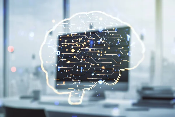 Kreativ artificiell intelligens koncept med mänskliga hjärnan hologram på modern bärbar bakgrund. Multiexponering — Stockfoto