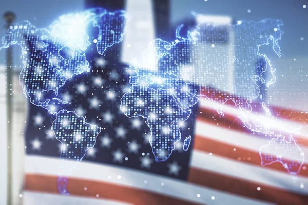 Multi exposure of abstract graphic world map hologram on US flag and city background, connection and communication concept — Stock Photo, Image