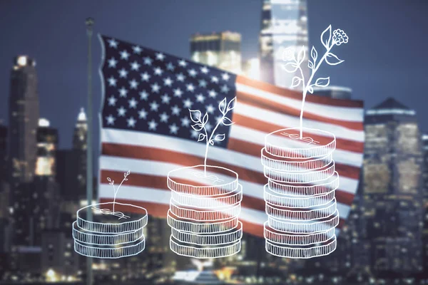 Virtuální peníze úspory skica na pozadí americké vlajky a města, akumulace a růst peněz koncepce. Dvojitá expozice — Stock fotografie