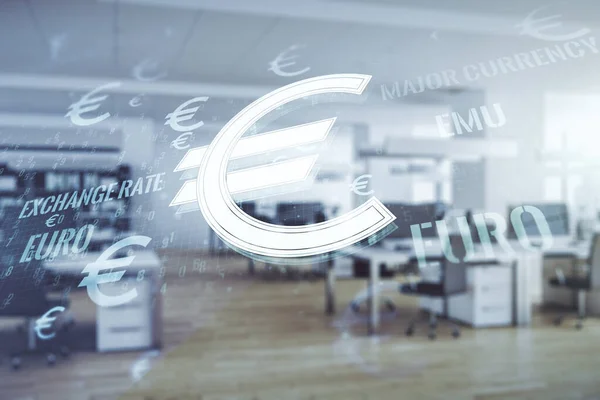 Virtuální symboly EURO kreslí na moderně zařízeném pozadí interiéru kanceláře, strategii a koncepci prognózy. Multiexpozice — Stock fotografie