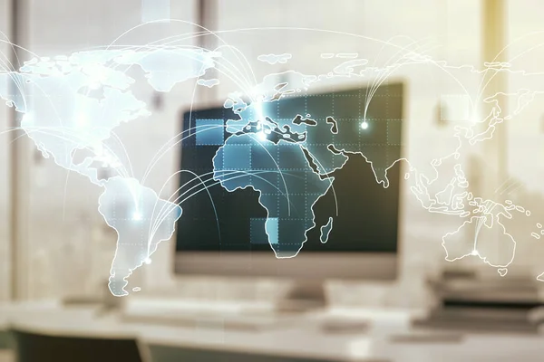 Abstrakte grafische digitale Weltkarte mit Verbindungen auf modernem Computerhintergrund, Globalisierungskonzept. Mehrfachexposition — Stockfoto