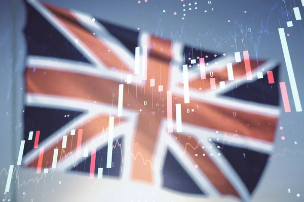 Multi exposición de holograma gráfico financiero creativo virtual en bandera británica y fondo cielo azul, investigación y análisis concepto — Foto de Stock