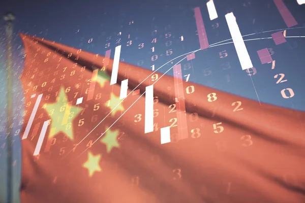 Multi esposizione dell'ologramma virtuale astratto del grafico finanziario sulla bandiera della Cina e sullo sfondo del cielo del tramonto, sul forex e sul concetto di investimento — Foto Stock