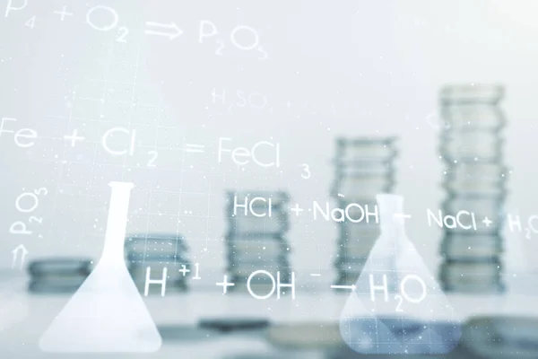 Doble exposición del holograma abstracto de química virtual en pilas crecientes de monedas concepto de fondo, investigación y desarrollo — Foto de Stock