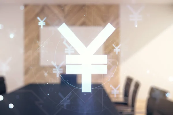 Abstraktes virtuelles japanisches Yen-Symbol-Hologramm auf einem modernen Coworking-Room-Hintergrund, Devisen- und Währungskonzept. Mehrfachexposition — Stockfoto
