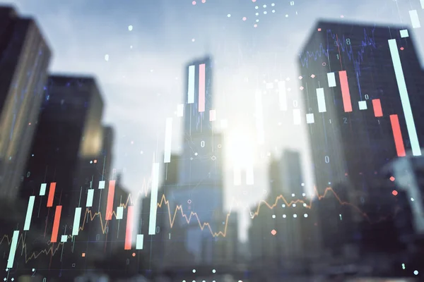 Mehrfachbelichtung abstrakter Finanzgrafik auf Bürogebäuden Hintergrund, Finanz- und Handelskonzept — Stockfoto