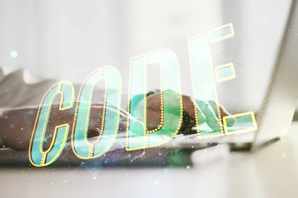 Creative Code Wort Hologramm und Hände Tippen auf der Computertastatur auf Hintergrund, künstliche Intelligenz und neuronale Netzwerke Konzept. Mehrfachexposition — Stockfoto