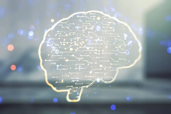 Віртуальна творча голограма штучного інтелекту з ескізом людського мозку на розмитому фоні сучасного офісного будівництва. Подвійне експонування — стокове фото