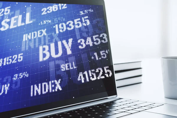 Computer monitor met abstracte financiële grafiek, financiën en trading concept. 3D-weergave — Stockfoto