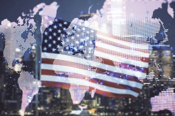 Wielokrotna ekspozycja abstrakcyjnego kreatywnego cyfrowego hologramu mapy świata na flagę USA i niewyraźne wieżowce tle, badania i koncepcja analityki — Zdjęcie stockowe