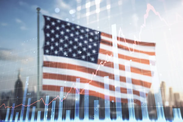 Multi esposizione di interfaccia grafica finanziaria astratta virtuale su bandiera degli Stati Uniti e sfondo skyline, concetto finanziario e di trading — Foto Stock