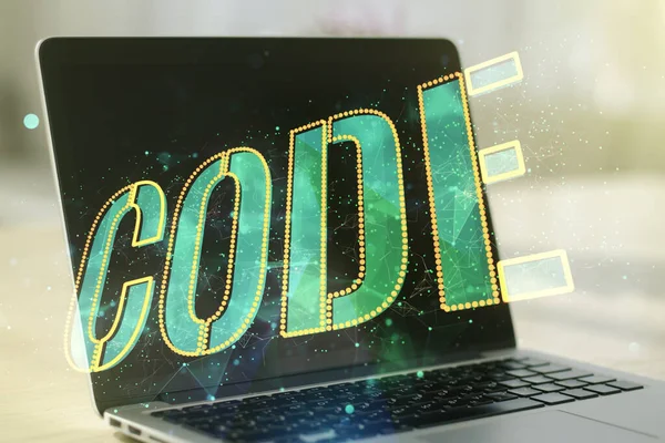 Creatieve code woord hologram op moderne computer achtergrond, kunstmatige intelligentie en neurale netwerken concept. Meervoudige blootstelling — Stockfoto