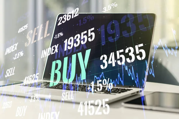 Multi esposizione di grafico finanziario creativo astratto su sfondo moderno del computer, forex e concetto di investimento — Foto Stock