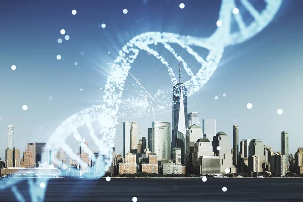 Ologramma del DNA sul paesaggio urbano di Manhattan, biotecnologia e concetto genetico. Multiesposizione — Foto Stock