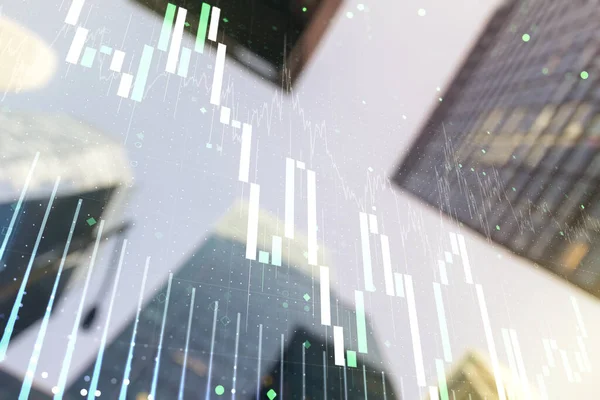 Doppelbelichtung abstrakter Finanzgrafik auf Bürogebäuden Hintergrund, Devisen und Anlagekonzept — Stockfoto
