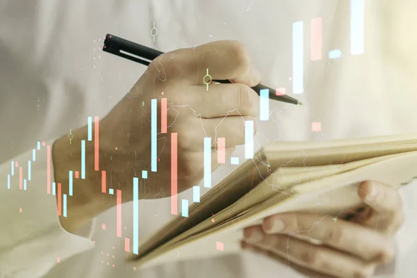 Abstract creative financial graph with hand writing in notebook on background, forex and investment concept. Multiexposure — Stock Photo, Image